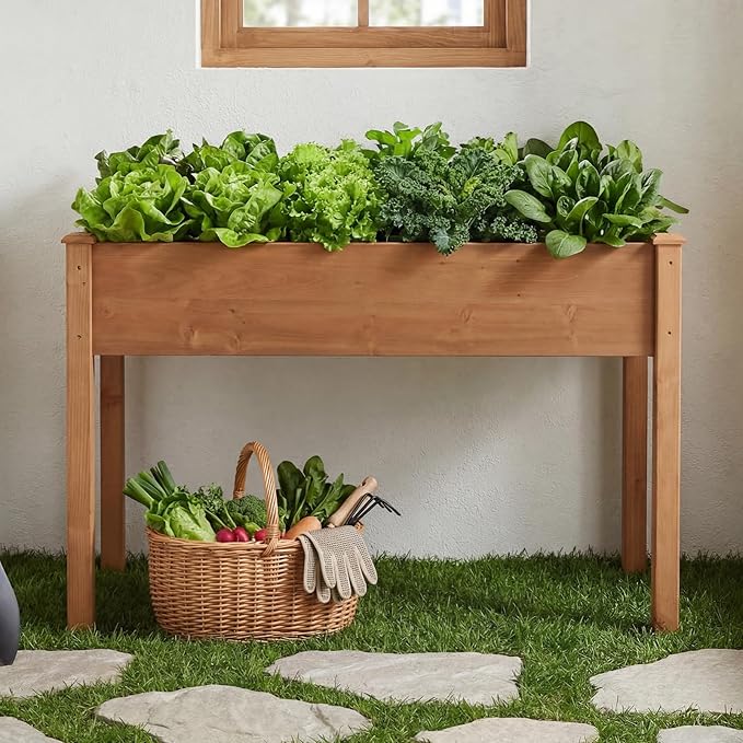 DUMOS Raised Garden Bed with Legs, 48x24x30 Inch Planter Box Outdoor with Liner for Herbs Flowers Vegetables, Elevated Wooden Garden Bed for Patio, Balcony and Backyard, Brown