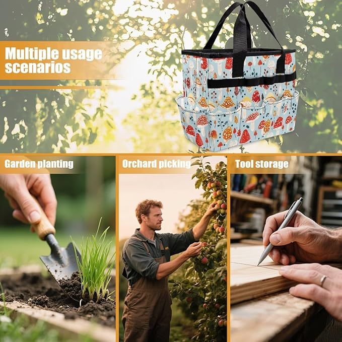 Mushroom Garden Tool Bag Portable Gardening Tool Organizer Bag with 10 Pockets and Handle Tool Carrier and Storage for Garden Lawn Yard Casual Camp