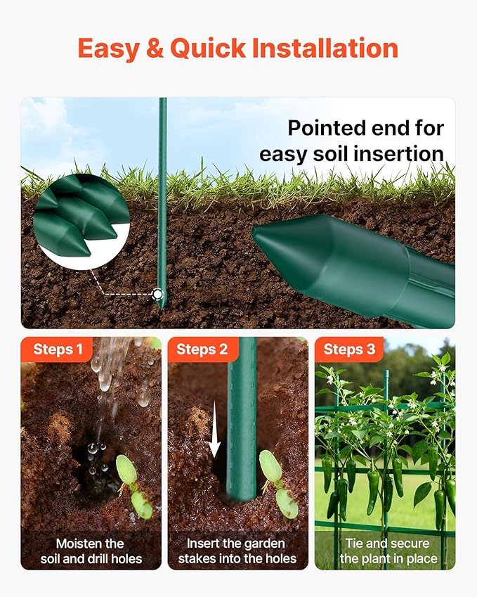VEVOR Garden Stakes, 50 Pack, 46.06 inch, Plastic Coated Metal Tomato Stakes, Garden Sticks for Plants Support, with Pointed End and Non-Slip Bumps for Growing Climbing Plants, Outdoor Vegetables