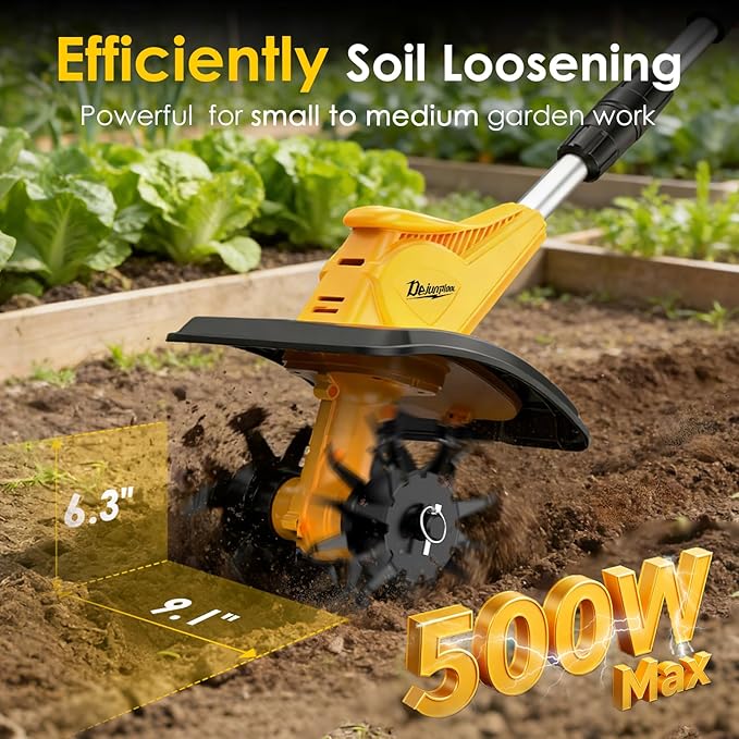 Garden Tools - Cordless Tiller Cultivator Compatible with DEWALT 20V MAX Battery (Tool Only), 310RPM Electric Rototiller with 40 Steel Tines, 9.1In Tilling Width & 6.3In Depth Tiller, Folding Design