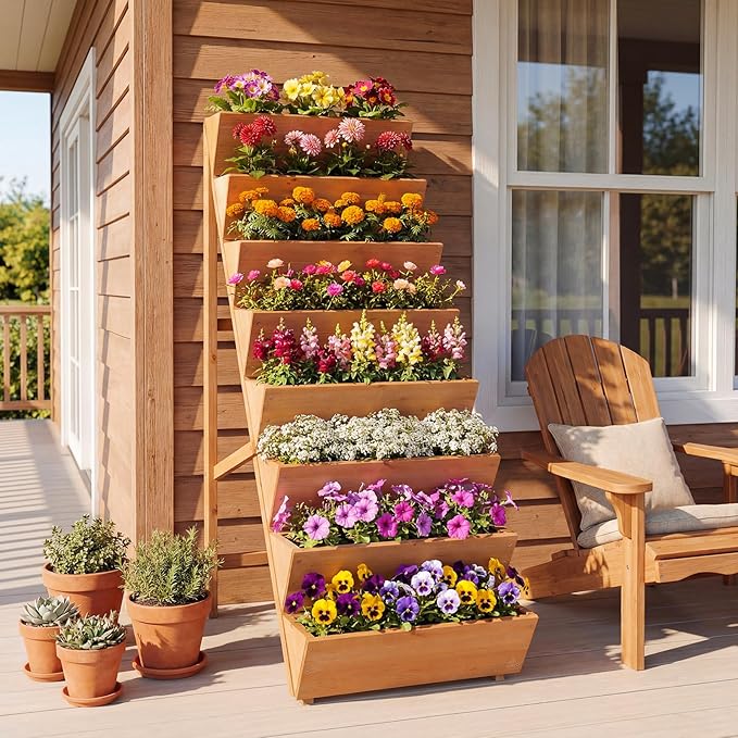 HAPPYGRILL Vertical Raised Garden Bed, Freestanding Wood Elevated Planter Box w/Legs for Growing Vegetables Flowers Herbs, Indoor Outdoor Tiered Plant Stand for Patio Yard Balcony Corner (1,8-Tier)
