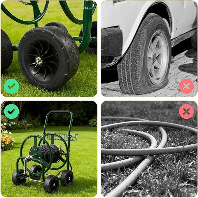 VINGLI 4-Wheel Garden Hose Reel Cart with Storage Basket, Portable Residential Hose Reel Cart, Lawn Watering, for Garden Backyard and Farm (Green 250FT)