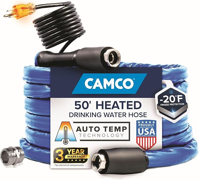 Camco 50' Heated Water Hose for RV — Prevents Freezing Down to -20° — Certified For Drinking Water & Lead-Free — Great for Campers, Livestock, Agriculture, Kennels, etc. — 5/8" ID (22912)