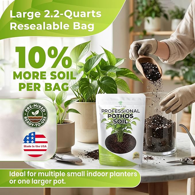 Professional Pothos Soil Potting Mix 2.2 Quarts Ready to Use, Premium Indoor Plant Soil for Pothos Plants, Pothos Dirt with Peat Moss Coco Coir Perlite Dolomite, Made in USA
