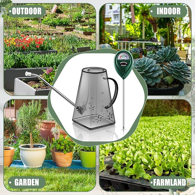 Indoor Plants Watering Can for Indoor Plants Long Probe Soil Moisture Meter Long Spout Watering Cans Water Monitor Indicator for Pot Flower House Gardening Farming(Gray,1.4 L,Trapezoid)