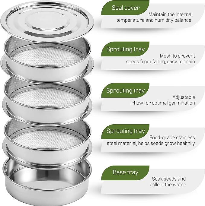 Stainless Steel 4-Tier Seed Sprouting Kit, 6'' Diameter, Indoor Gardening Planter for Microgreens Broccoli Sprouts Growing