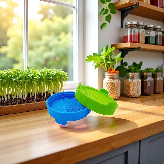 2Pcs Blue and Green Sprouting Lids jar Sprouting Lids Plastic Sprouting with Steel Screen for Wide Mouth to Grow Beans Jars Canning Cookware