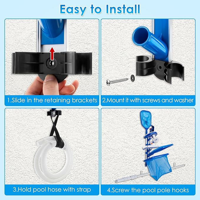 Swimming Pool Accessories Holder, Pool Cleaning Accessory Organizer and Holder Rack, Pool Tool Organizer Storage Rack for Poles, Skimmers, Leaf Rakes, Nets, Brushes, Vacuum Hose