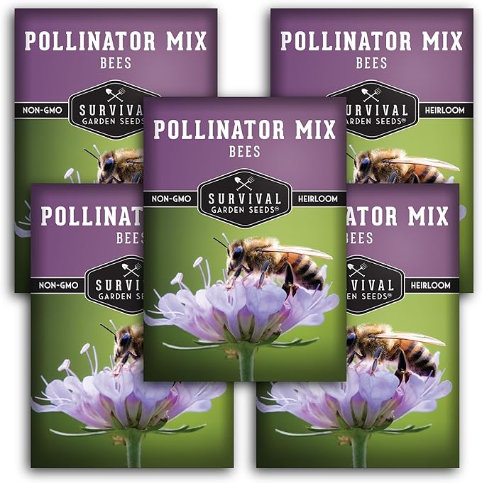 5 Packs Bee Pollinator Mix Seed for Planting - Packet with Instructions to Grow Annual & Perennial Flowers to Feed Bees in Your Home Garden - Non-GMO Heirloom Varieties - Survival Garden Seeds