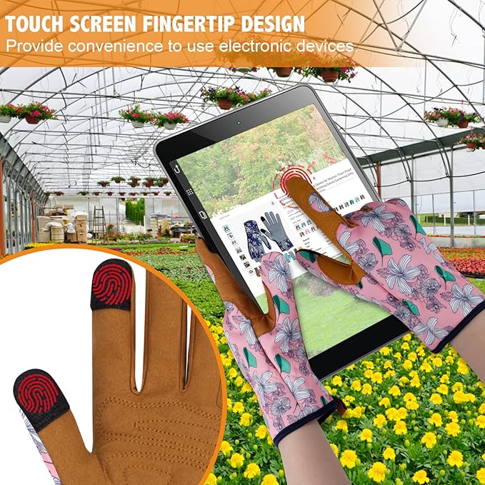 Leather Gardening Gloves for Women Thorn Proof Garden Gloves Touch Screen Working Gloves Gifts,M