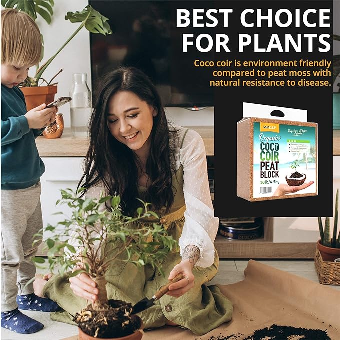 Coco Coir Brick 10 LB - Premium Compressed Coconut Fiber Block for Indoor Plants, Seed Starting & Hydroponics - Low Salt Triple Washed - Expands to 75 Quarts - 100% Natural Peat Alternative