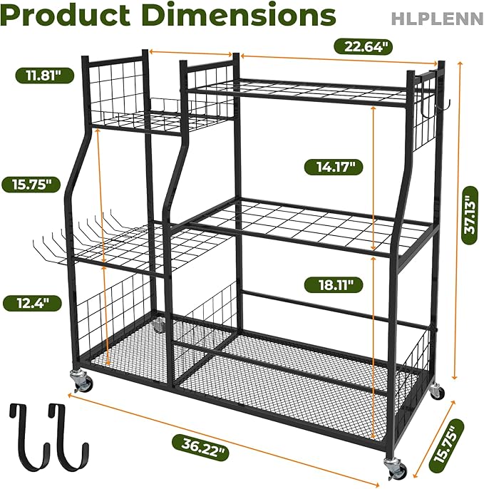 Garden Tool Organizer, Garden Tool Organizer Stand with Lockable Wheels, Metal Yard Tool Storage Rack for Long Handled Tools, Shovels & Rakes, Rustproof Tool Holder for Shed or Basement