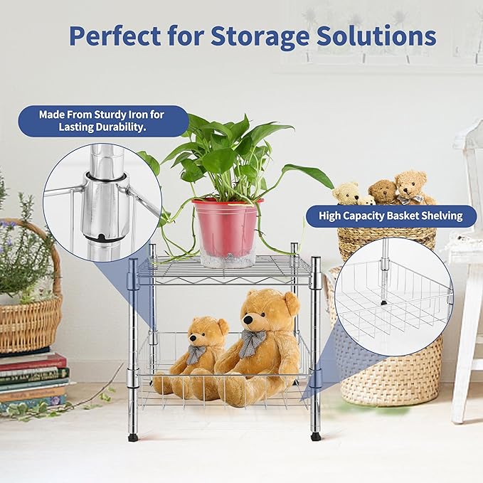 Simple Deluxe 2-Tier Shelving Unit, 15" W x 13.8" D x 15" H Wire Metal Stackable Storage with Basket, Chrome, 2 Pack