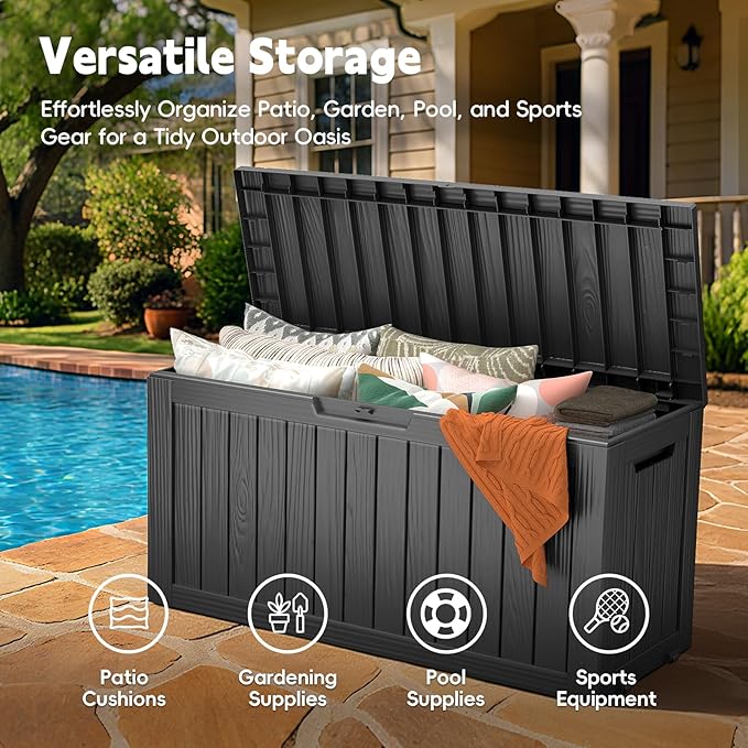 Outdoor Storage Box, 75 Gallon Deck Box Waterproof, Resin Patio Storage Bin for Package Delivery, Patio Furniture Cushion, Garden Tools, Pool Accessories, Weatherproof, Black