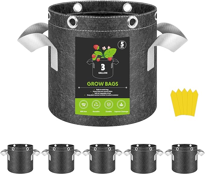 InfiniPower 5 Pack 3 Gallon Plant Grow Bags, 400G Thick Nonwoven Fabric Pots with Multi-Purpose Rings and Handles, Reusable for Low Stress Plant Training Fruits, Vegetables and Flowers