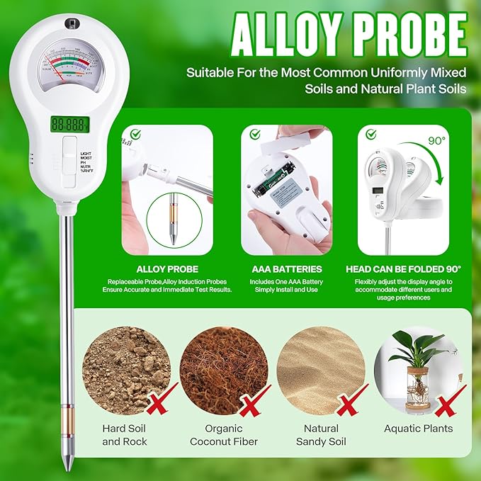 6-in-1 Multifunctional Soil Moisture Meter, pH/Temperature/Soil Moisture/Sunlight/Air Humidity/Soil Fertility Soli Analyzer for Farming, Gardening, Lawns