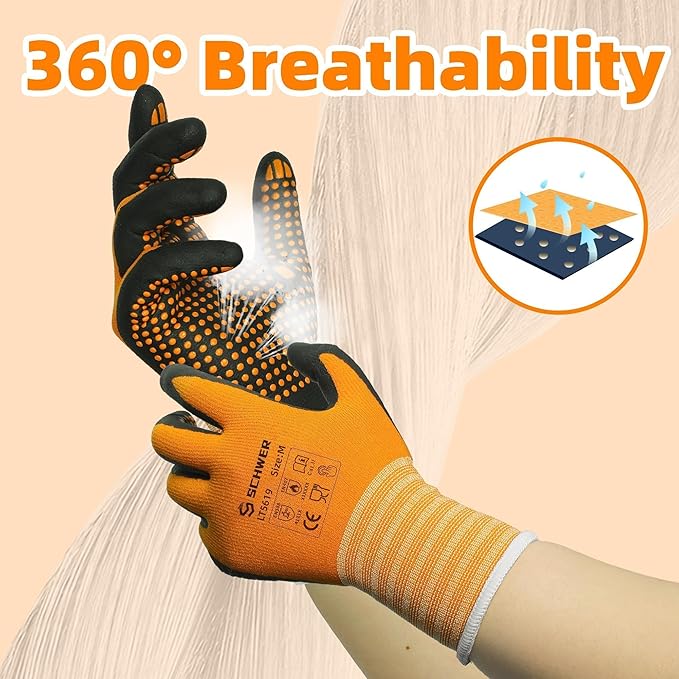 Schwer 12 Pairs Safety Work Gloves MicroFoam Nitrile Coated, Level 4 Abrasion & A1 Cut Resistant Nylon Working Gloves with MicroDot Grip, Touchscreen, Used for General Work, Gardening, LT5619, L