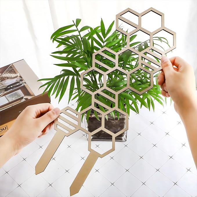 2 Pcs Indoor Plant Trellis for Climbing Plants, 16" Wooden Small Trellis Hexagon Potted Plant Trellis with 10 Pcs Black Cable Ties for Vine Flower Stem Support Accessories(Honeycomb)