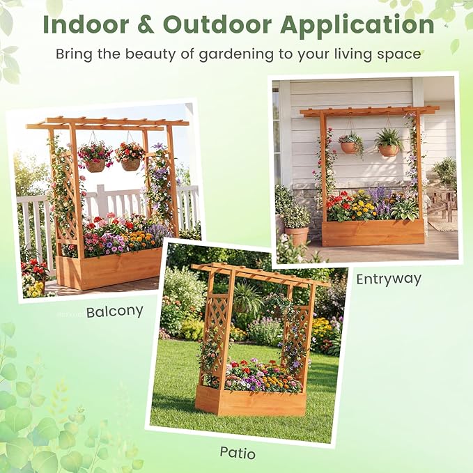 Raised Garden Bed with Trellis, Wood Planter Box w/Trellis, Hanging Roof, Drainage Holes, Freestanding Planter Raised Bed for Outdoor Climbing Plants Flowers, Patio Yard Balcony (1, Orange)