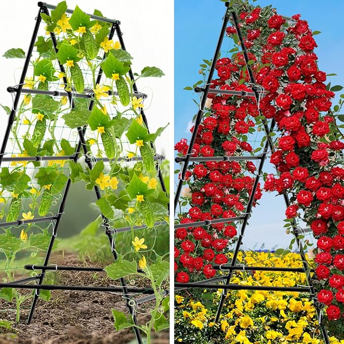 6ft Cucumber Trellis for Raised Bed, Garden Trellis for Climbing Plants Outdoor, A Frame Metal Trellis Support with Net for Vegetables Tomato Zucchini Squash Beans Peas Melons, Rose Flowers,Vines