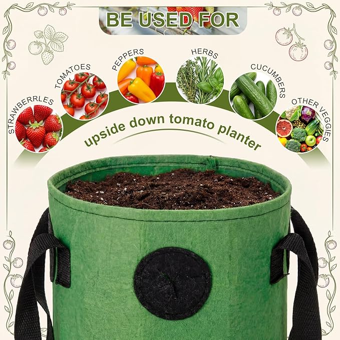 12-Pack Upside Down Grow Bags for Strawberries, Tomatoes & Vegetables - 3 Gallon Hanging Planters with 12 Planting Holes, Dark Green Breathable Fabric Garden Bags for Outdoor Herbs & Fruits