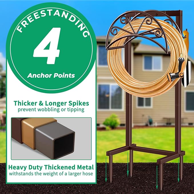 TomCare Garden Hose Holder Heavy Duty Water Hose Holder Holds 160 FT Hoses 4 Spikes Hose Reel Freestanding Hose Hanger Sturdy Hose Storage Stand for Outside Yard Lawn