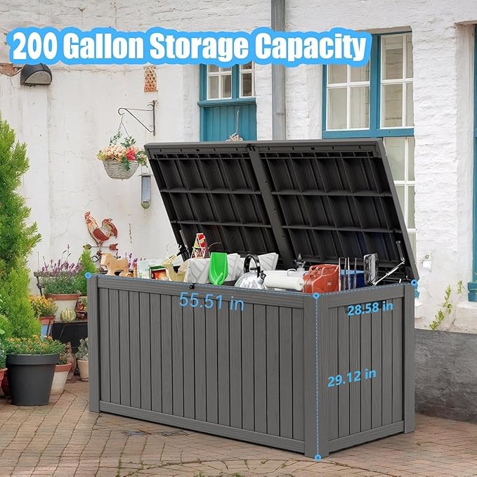Vixzen 200 Gallon Resin Deck Box, Lockable Outdoor Storage Box for Patio Cushions Storage Furniture,Garden Tools, Pool Supplies, Weatherproof and UV Resistant（Black，200 Gallon）