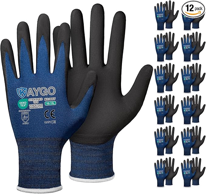 KAYGO Safety Work Gloves MicroFoam Nitrile Coated-12 Pairs, KG18NB,Seamless Knit Nylon Glove with Black Micro-Foam Nitrile Grip,Ideal for General Purpose,Automotive,Home Improvement, Dark Blue, XL