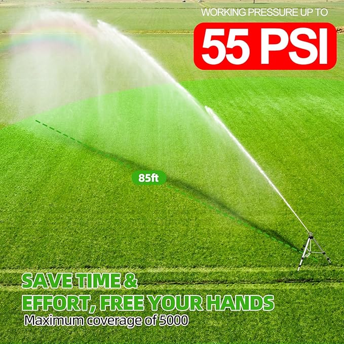 SPECILITE Brass Impact Sprinkler on Tripod Base, 48” Heavy Duty Metal Pulsating Telescoping, 360 Degree Irrigation for Large Area, Yard, Lawn, Waters up to 85ft, Covering up to 6200sqft