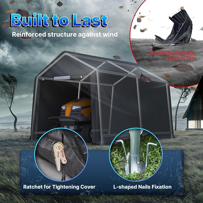 ADVANCE OUTDOOR 8x14 ft Steel Metal Peak Roof Portable Garage Shelter Storage Shed Carport for Motorcycle, Bike or Garden Tools with 2 Roll up Doors & Vents, Gray