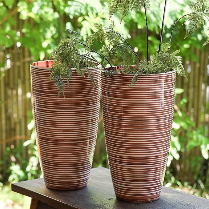 21"Tall Planters For Outdoor Plants-Coffee&Milk Finish Pop,Decorative Flower Pots Front Porch Vase Lightweight Durable Tall Planter With Movable Insert Shelf/ Drainage Hole Gift Idea For Plant Lovers