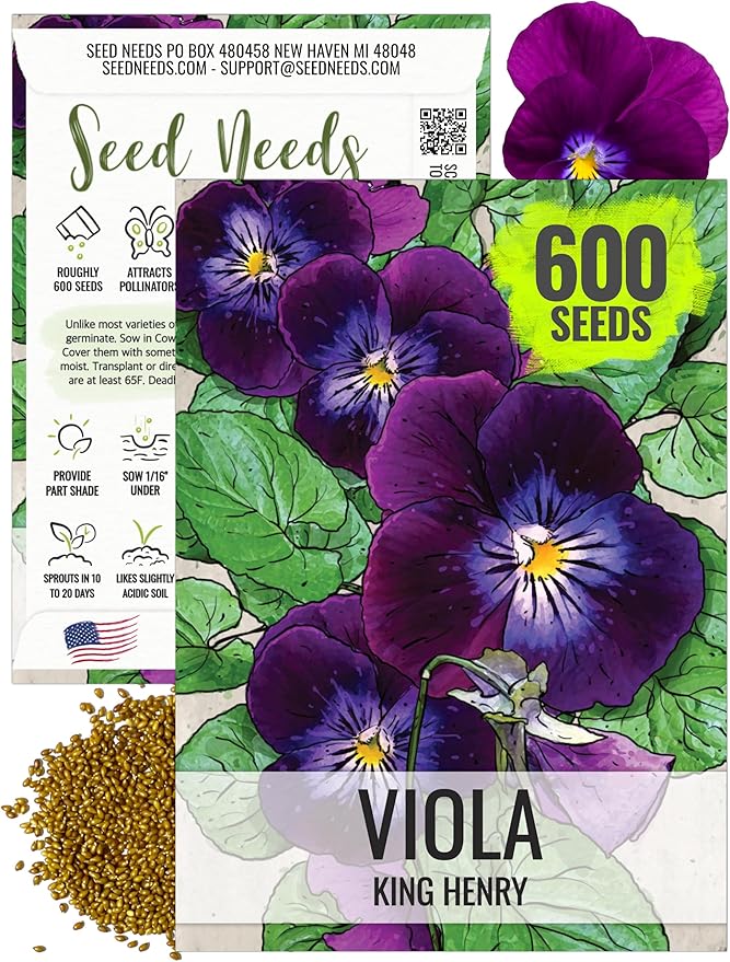 Seed Needs Viola Seeds for Planting King Henry Violas - Heirloom & Open Pollinated Annual Flower Seed to Plant an Outdoor Butterfly Wildflower Garden (1 Pack)