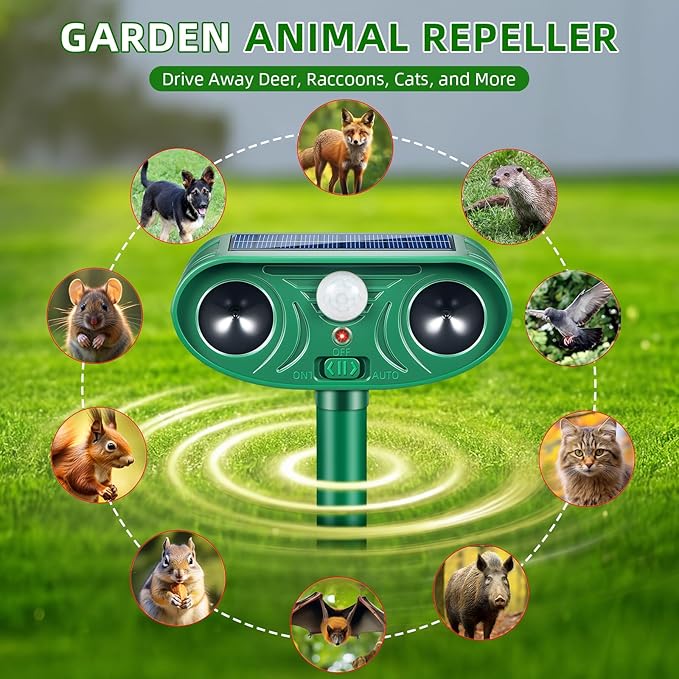 2026 Solar Animal Repellent Outdoor&Cat Repellent Outdoor with Motion Deer Repellent Devices Ultrasonic Cat Deterrent Fox Raccoon Squirrel Rabbit Coyote Deterrent for Farm Orchard Garden 2 PCS