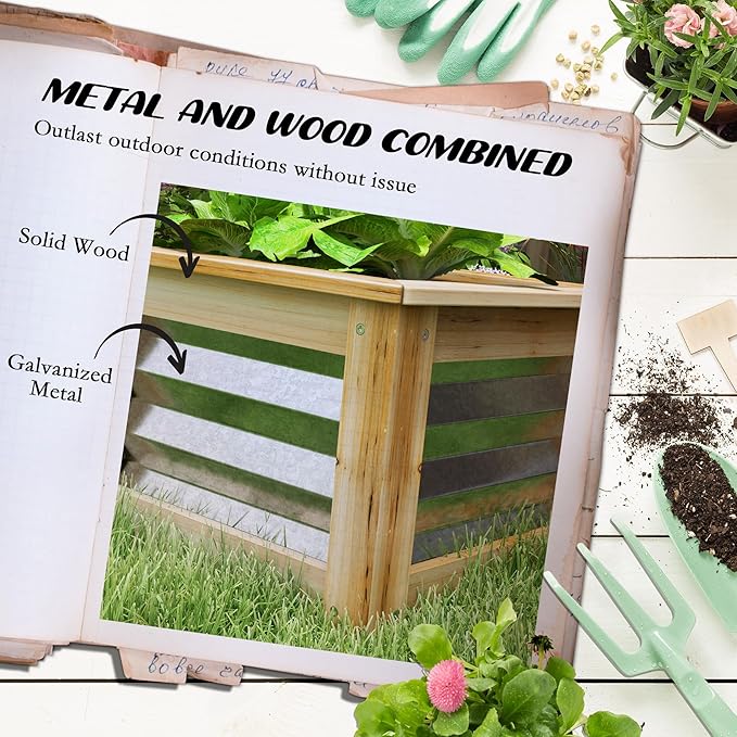 Outsunny Raised Garden Bed, Outdoor Planter Box, Galvanized Metal Reinforced with Wood, Stock Tank for Growing Flowers, Herbs and Vegetables