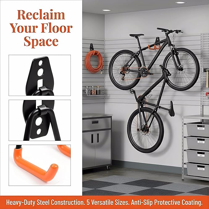 28 Pack Garage Hooks Heavy Duty, Industrial Wall Mount Garage Storage Hooks for Hanging Bike, Ladder and Garden Tools, Organization System with Mop Broom Holders, 100 LBS Capacity, Orange