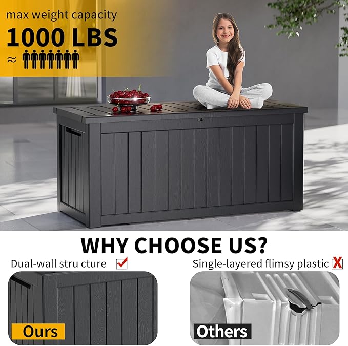Outdoor Storage Box Waterproof, 270 Gallon Lockable Resin Deck Box Large, Patio Storage Bin for Pool Accessories Cushion Furniture, Garden Tools, UV-Resistant Outside Delivery Black