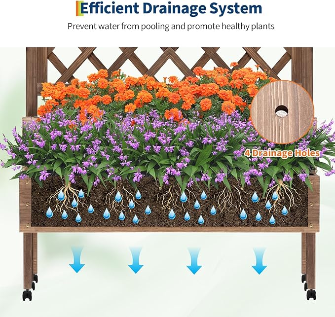 Garvee Raised Garden Bed with Trellis & Wheels, 2-Tier Outdoor Wooden Elevated Planter Box with Legs & Drainage Holes, Vertical Planter Box Stand for Backyard, Patio, Balcony, Brown