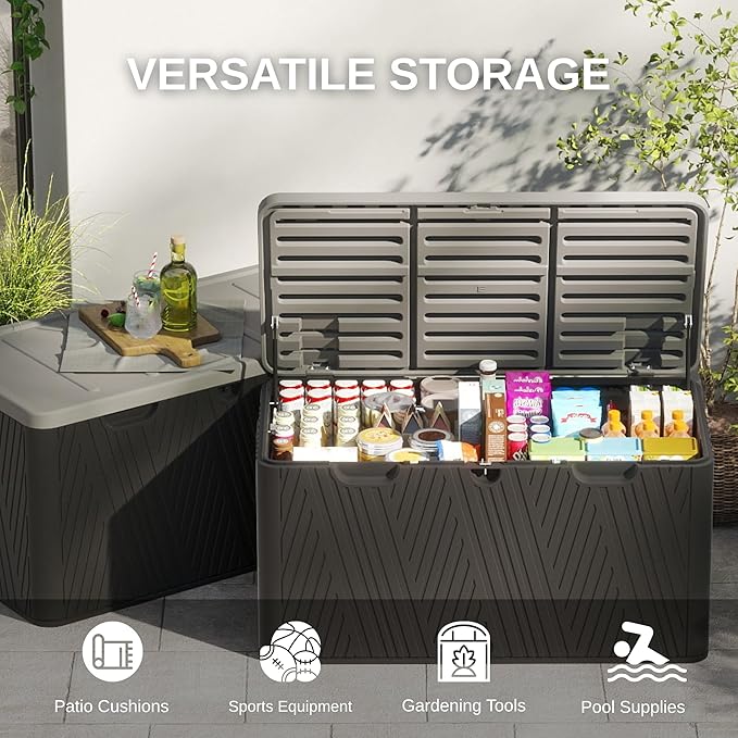 110 Gallon Outdoor Storage Box, Waterproof Patio Deck Box with Lockable Lid, Heavy-Duty HDPE Bench for Garden Tools,Cushions (Black, 110 Gallon)
