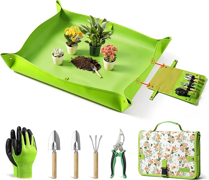 Genebo 7-Piece Gardening Tools Set, Gift for Women, Beginners, Tools Kit with Plant Repotting Mat & Tool Bag, Stainless Steel Gardening Hand Tools for Indoor Transplanting, Succulent Bonsai Plants