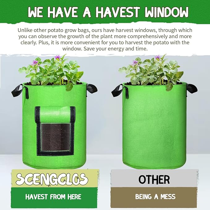 SCENGCLOS 6 Pack 10 Gallon Grow Bags, Sealed Window Planter Bags, Breathable Thickened Non-Woven Fabric Plant Pots with Access Flap, Garden Planting Bags for Grow Potato,Tomato,Carrot