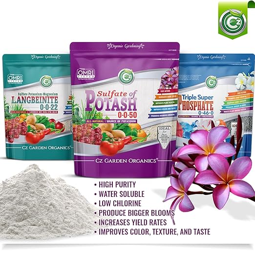 Organic Sulfate of Potash 0-0-50 Made in USA - OMRI Listed - Water Soluble SOP Potassium Plant Food for Plants & Flower Gardens - 3LB Low Chlorine Fertilizer. Enhances Color & Taste!