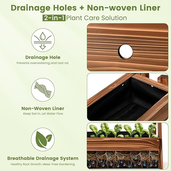 2-Tier Elevated Raised Garden Bed, 36" H Fir Wood Planter Box with 23" Growth Space for Tall/Climbing Plants, Drainage Holes & Non-Woven Liner, Outdoor Garden Planter for Patio Balcony Backyard