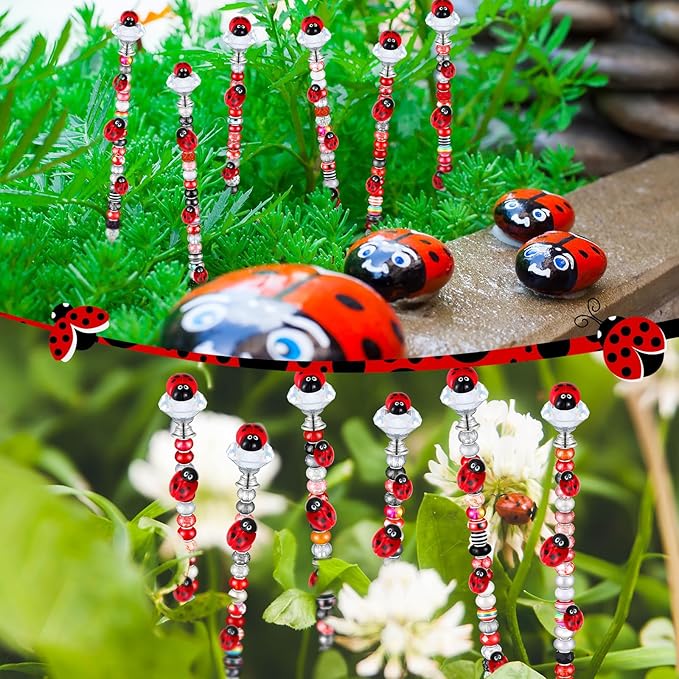 Tigeen 236 Pcs Garden Stake DIY Fairy Wand Plant Stake with 12 Colorful Crystal Stopper Top 12 Threaded Rod with 200 Large Hole Bead for Spring Summer Holiday Outdoor Decorations(Ladybug)