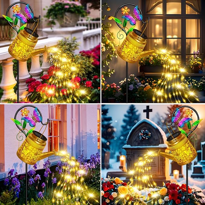 Mothers Day Gifts, Butterfly Solar Watering Can Lights, Outdoor Waterproof Garden Lanterns with Shepherd Hook, Solar Garden Decor for Yard Outdoor Landscape Pathway, Gift for Women Mom Grandma 2 Pack