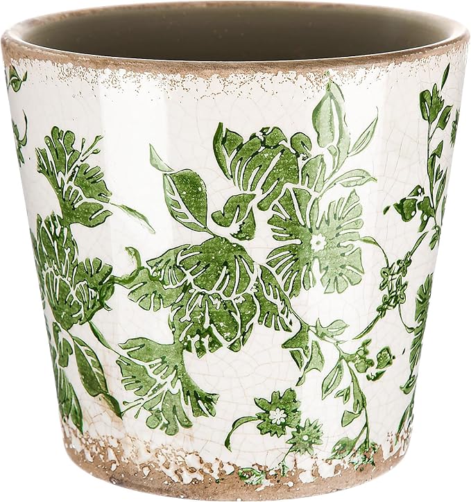 Beeveer Farmhouse Ceramic Planter 5.1 Inch Large Plants Pot Crack Beige Green Floral Vine Plant Pots with Drainage Hole Indoor Plants Kitchen Rustic Antique Decor Gift