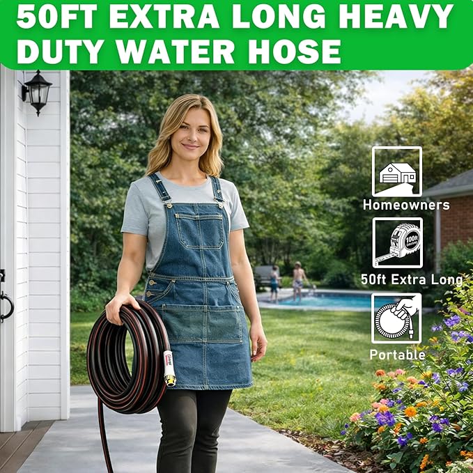 YASQA Water Hose 50 Ft, Flexible, Leakproof, Lightweight Lead In Rubber Hose 5/8" Diameter X 50ft Kink Free 150PSI Durable High Burst Strength Industrial Garden Hose