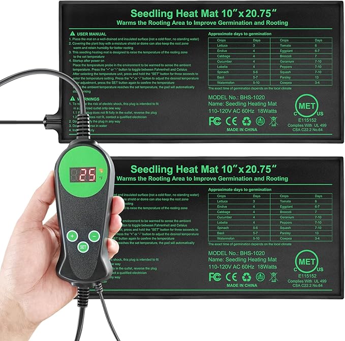 Seedling Heat Mat with Thermostat Pack of 2, Dual Certified by MET and UL Plant Heating Mat Pad Equipped with A Temperature Probe, It Automatically Maintains A Constant Temperature