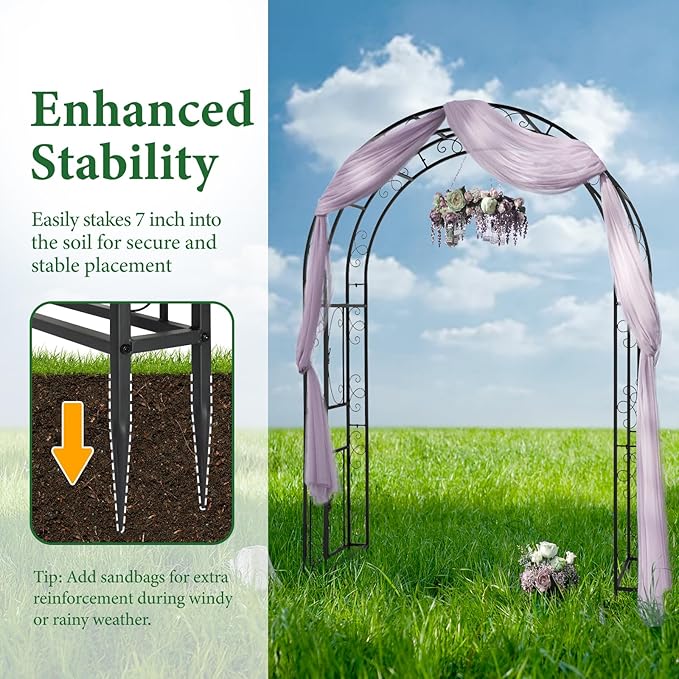 VINGLI Garden Arbor, Arch Archway for Wedding Ceremony Party, Steel Garden Trellis for Plant Climbing, Christmas Garden Decorations Pergola for Garden, Backyard, Lawn (Black, 7.9FT)