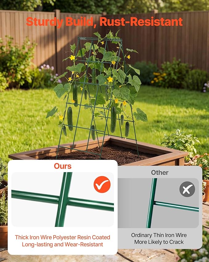 VEVOR Cucumber Trellis, 46" High Foldable A-Frame Garden Trellises for Raised Bed, 4 Panels, Metal Rustproof Outdoor Climbing Plant Support with 2 Plant Bags for Vine, Peas, Beans, Tomato, Flowers