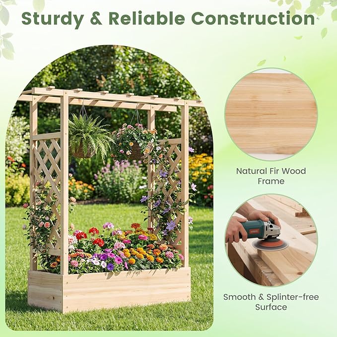Raised Garden Bed with Trellis, Wood Planter Box w/Trellis, Hanging Roof, Drainage Holes, Freestanding Planter Raised Bed for Outdoor Climbing Plants Flowers, Patio Yard Balcony (2, Natural)
